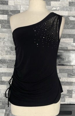 MKM Black Designer One Shoulder  Top Rhinestone Stretch Size XL ? ( Fit M/L)