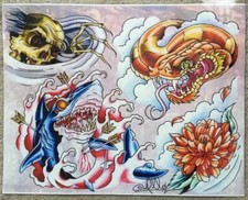 Tattoo Studio Shop Flash Single Traditional Style Shark Snake Skull 11X14" Print