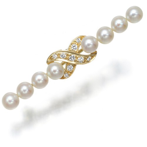 Auth Tiffany&Co. Brooch Pearl 3.8mm Diamond Signature 18K 750 Yellow Gold