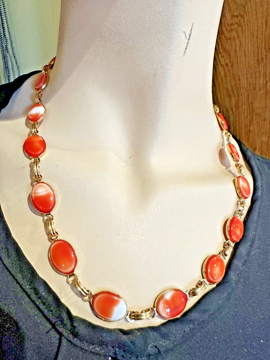 Collier Vintage Orange En Verre Corail - Lien 20", Or Et Scarabée