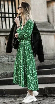 H&M Green Floral Ditsy Midi Maxi Collar Shirt Dress size M 12 14 16 Long  Sleeve | eBay