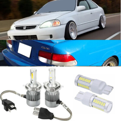 For 96-00 Honda Civic H4 9003 LED bulbs HeadLight Lamp + Reverse Back up 7440 x4