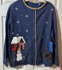 Karen Scott Sport Women  s Christmas Snowman Deere Sweater Button Up Cardigan