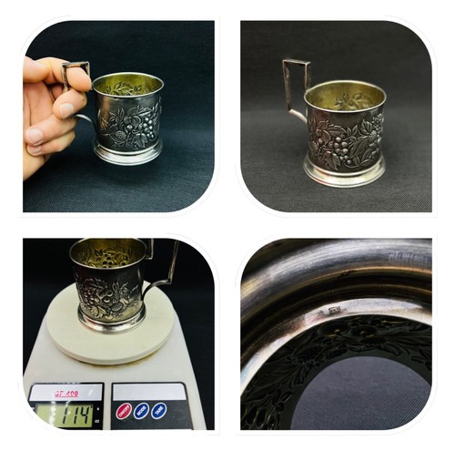 Vintage Silverware Cup Holder Glass Tea USSR Rare Soviet 875 Silver Flowers Vtg - Picture 2 of 22