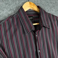 Hugo Boss Shirt Mens Large Grey Striped Long Sleeve Slim Fit Vintage Designer