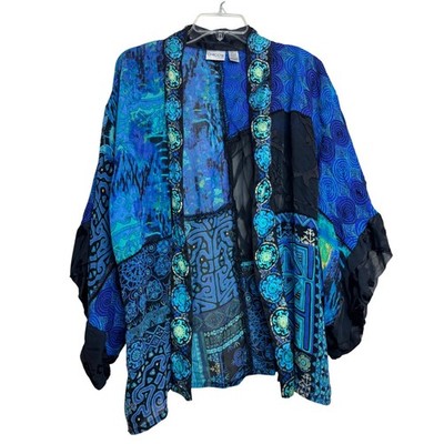 Chico's Kimono Jacket Womens M/L Blue Patchwork Silk Blend Coastal Chic Boho Art