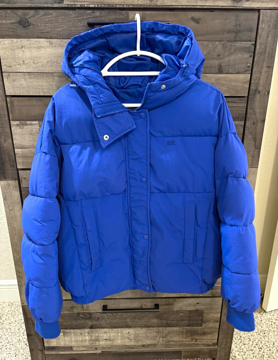 Levi’s Women’s Cinch Waist Hooded Puffer Jacket Royal Blue Size L Excellent