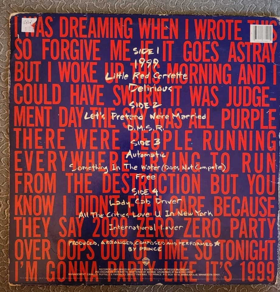 Prince 1982 Original Pressing Lp Of 1999 Its Been Graded A Strong VG  - Image 2 of 4