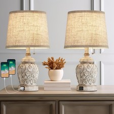 Set of 2 Farmhouse Table Lamps with USB Ports White Bedside