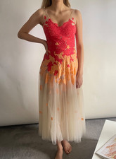 PHILIP ARMSTRONG Dress UK 8 Long Tulle Sleeveless Floral Pink Orange Lace Body