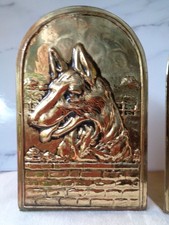 2 Buchstützen Messing Made in England Schäferhund 3D Relief Vintage VTG MCM #10