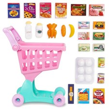 Toy shopping cart with play food for toddlers, great for pretend kitchen play