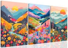 Colorful Watercolor Mountain Canvas Wall Art Set of 3 Boho Flower Picture Wal...