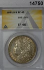 1891 S MORGAN SILVER DOLLAR PALE GOLDEN ANACS CERTIFIED EF45 #14750