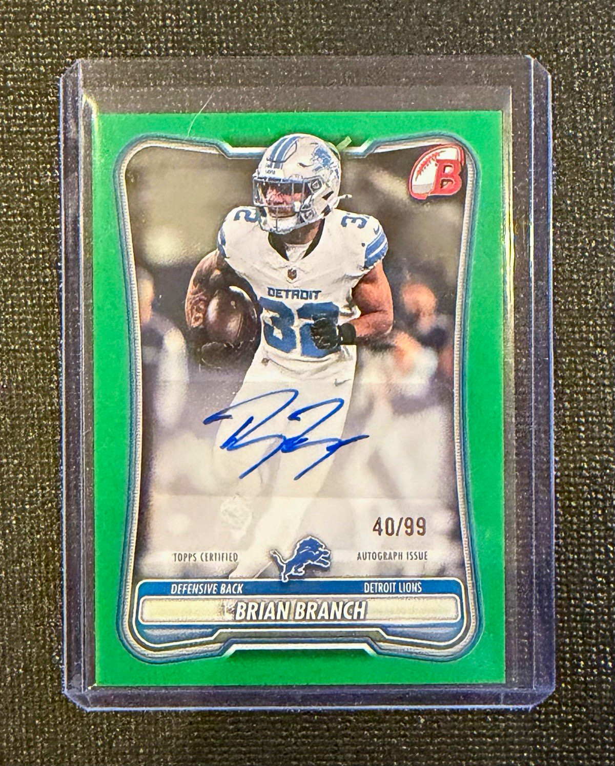 Topps 2026 Bowman Football Brian Branch Detroit Lions BPA-BBR Auto Green 40/99