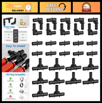30 Pack 1/2'' Poly PEX Fittings - 10 Elbows, 10 Tees, 10 Couplings, Durable & Hea