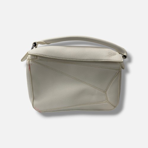 Loewe Women's White Grained Leather Small Puzzle Edge Top Handle Bag