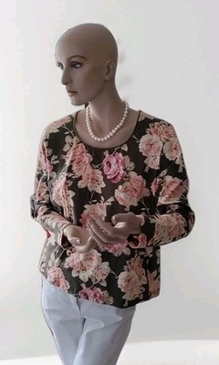 Damen Longshirt, Élégance Paris, Größe 46, olivgrün mit Rosenblüten 