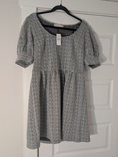 LOFT Black And White Textured Midi Dress Size M With Puff Sleeves