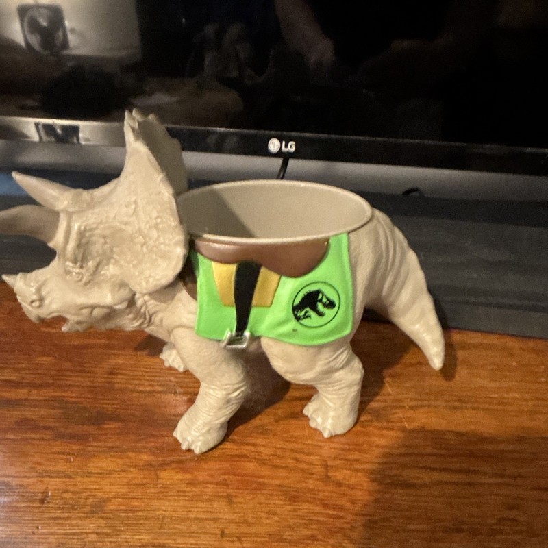 Triceratops Dinosaur Figural Mug Cup Gray Green Painted Decorated Plastic