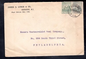 Barbados 1912 G.P.O. to PA Cover franked 1/2p, 2p Badge of Colony, Scott 92a, 95