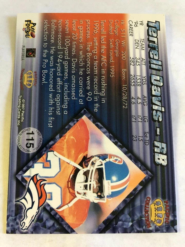 1997 Pacific Terrell Davis #115 Denver Broncos - Image 2 of 2