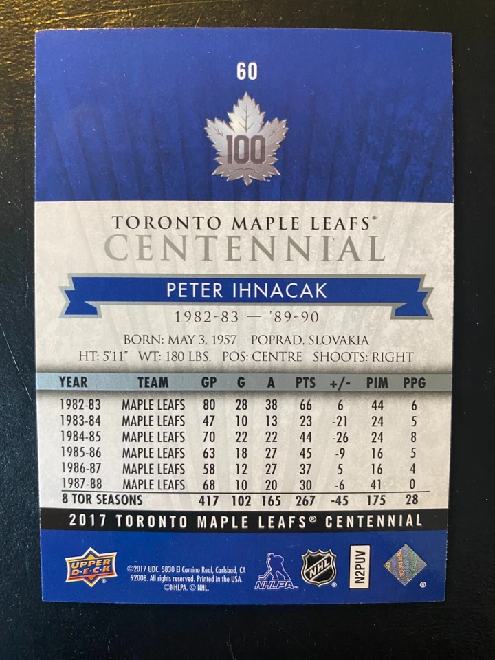 Peter Ihnacak 2017 Toronto Maple Leafs Centennial #60 - Image 2 of 2