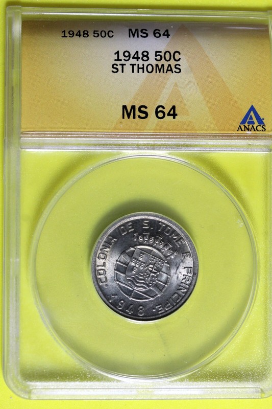 1948 - ANACS MS64 ST THOMAS 50 CENTAVOS!!  #B37735