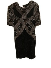 Vintage Lawrence Kazar NY Black Silk Gold Sequin Beaded Formal Evening Gown M