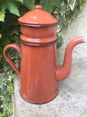 ANCIENNE CAFETIÈRE ÉMAILLÉE ORANGE MARRON COMPLÈTE DOUBLE rétro déco ANNÉES 40 - Photo 1/4