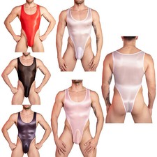 Men's Glossy Jumpsuit See Through Bodysuit High Cut Underwear Catsuit Nightwear