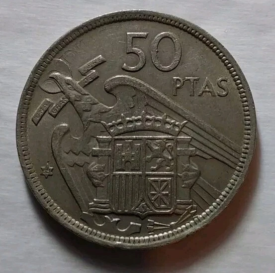 Spain Franco Caudillo 1957 Copper Nickel 50 Ptas Coin KM# 788-Una Edge Variety - Image 2 of 4
