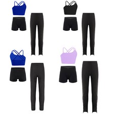 Kids Girls Crop Top And Shorts Pants Training Tracksuit Asymmetrical Sports Gym
