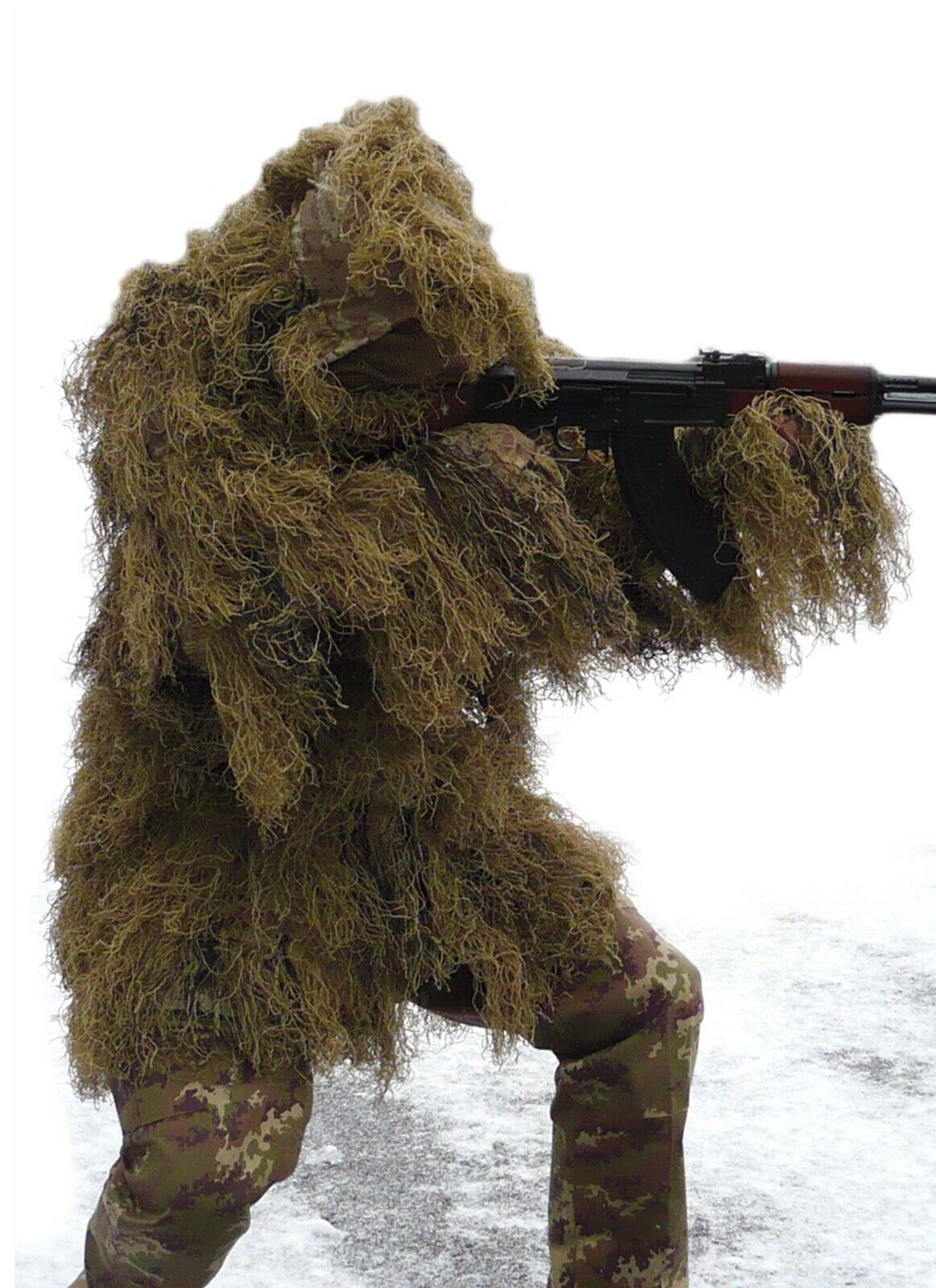 A Sniper In A Camouflage Suit Poncho And Gas Mask With A Sniper