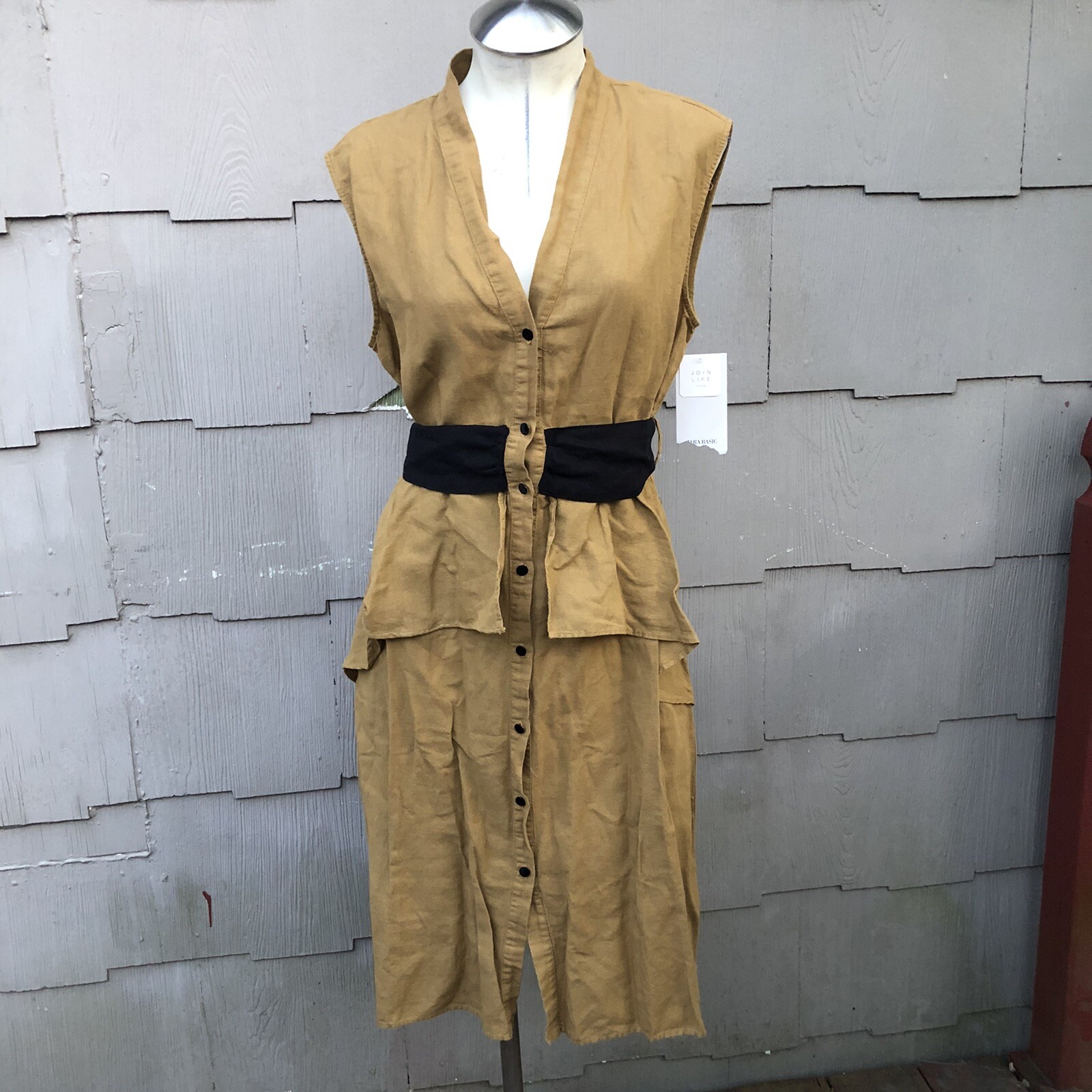 Zara Linen Shirt Dress Button Front Belted Ruffle V Neck Sleeveless L