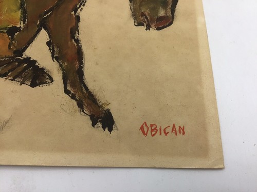 Original Early, Jovan Obican: Family On A Donkey Mixed Media On Paper 2 of 2 VG - Picture 7 of 8