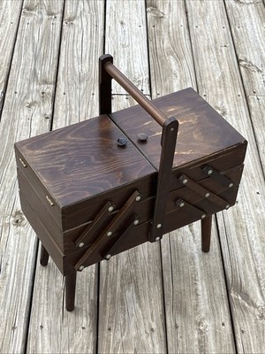 Vtg Wooden Accordion Sewing Box Romania Cantilever Handle Thread Lot Collection