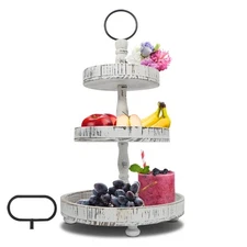 Adjustable 3 Tiered Tray Stand with Interchangeable Handles, White Farmhouse ...