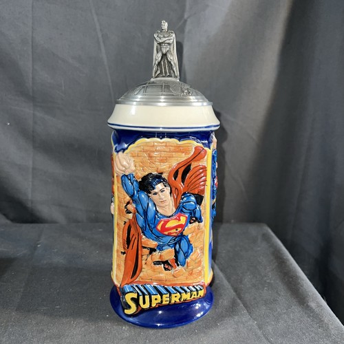 Vintage 2000 DC Comics Superman Ceramic Beer Stein Pewter Lid Germany M Cornell