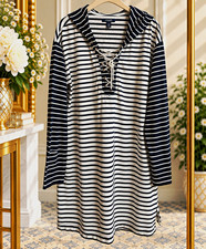 Chaps Navy Blue White Striped Lace Up Hooded Tunic Dress Women's XL Cotton