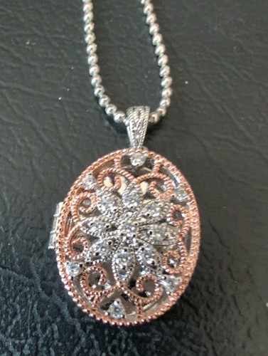 Sterling Silver Rose Gold Plated Filigree Locket Necklace PAJ CZ 925