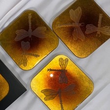 Dragonfly Fossil Amber Look Coasters 4 Texture Engraved glass? Insect Vintage