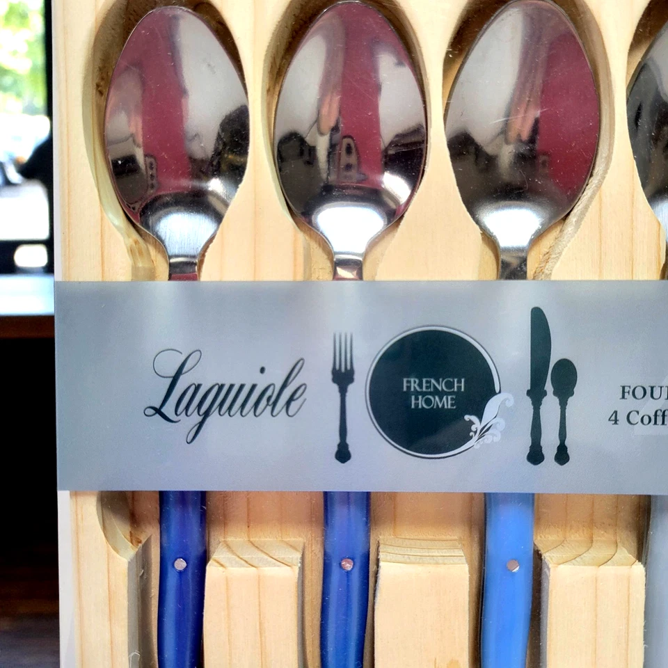 Juego de 4 cucharas de café para el hogar francés Laguiole tonos de azul de acero inoxidable Foto 3 de 4