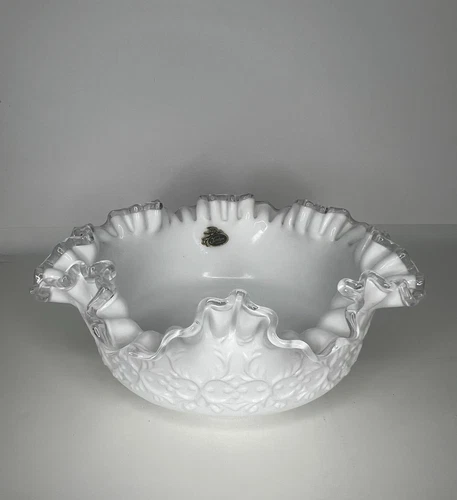 Vintage Fenton Silver Crest White Milk Glass Bowl Ruffle Top Spanish Lace 9”