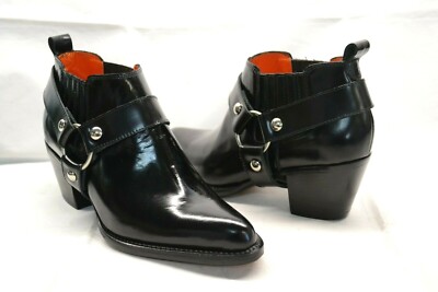 DAMEN STIEFELETTEN TEXANI KALBS SCHWARZ GLÄNZEND MIT RINGEN UND NIETEN, HANDARBEIT  