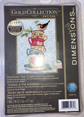 Dimensions Gold Collection Petites Stacked Tea Cups 5 x 7 Cross Stitch Kit