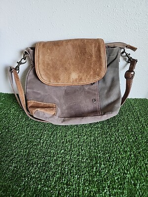Myra Messenger Bag Flap-Over Up-Cycled Canvas Shoulder Bag