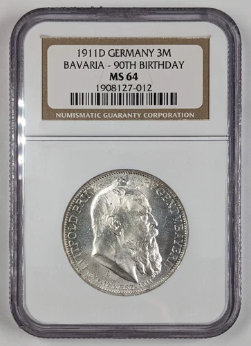 1911 D Germany 3 Mark Bavaria 90th Birthday NGC MS 64