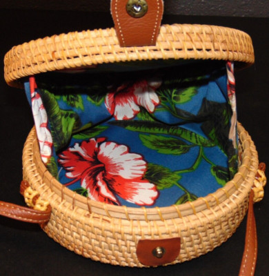 Circle Straw Crossbody Handbag Purse Round Rattan Fabric Natural Wicker Boho Bag