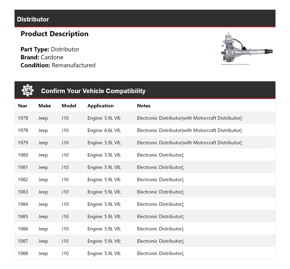Para Jeep J10 1978-1988 Distribuidor Cardone 1979 1980 1981 1982 1983 1984 1985 Foto 2 de 4